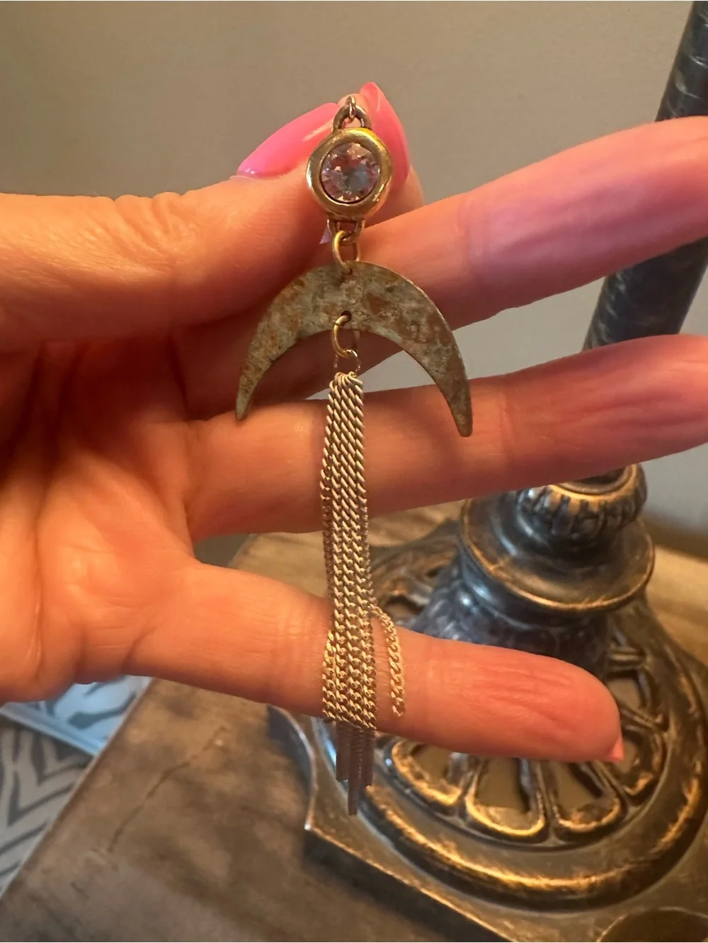 Gold and Silver Crescent Drop Earrings with Crystal Accent